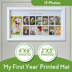 Green Pollywog My First Year frame 12 month layout showcasing 2x3 photos and a 4x6 keepsake.