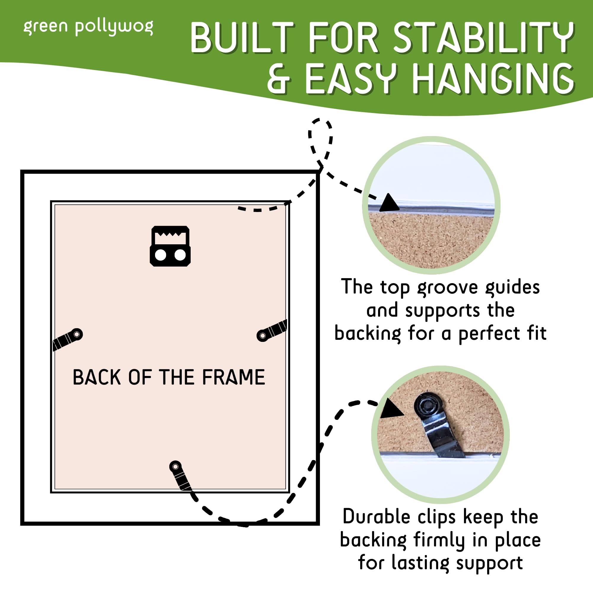 Green Pollywog sonogram frame table stand shows easy surface display on dresser