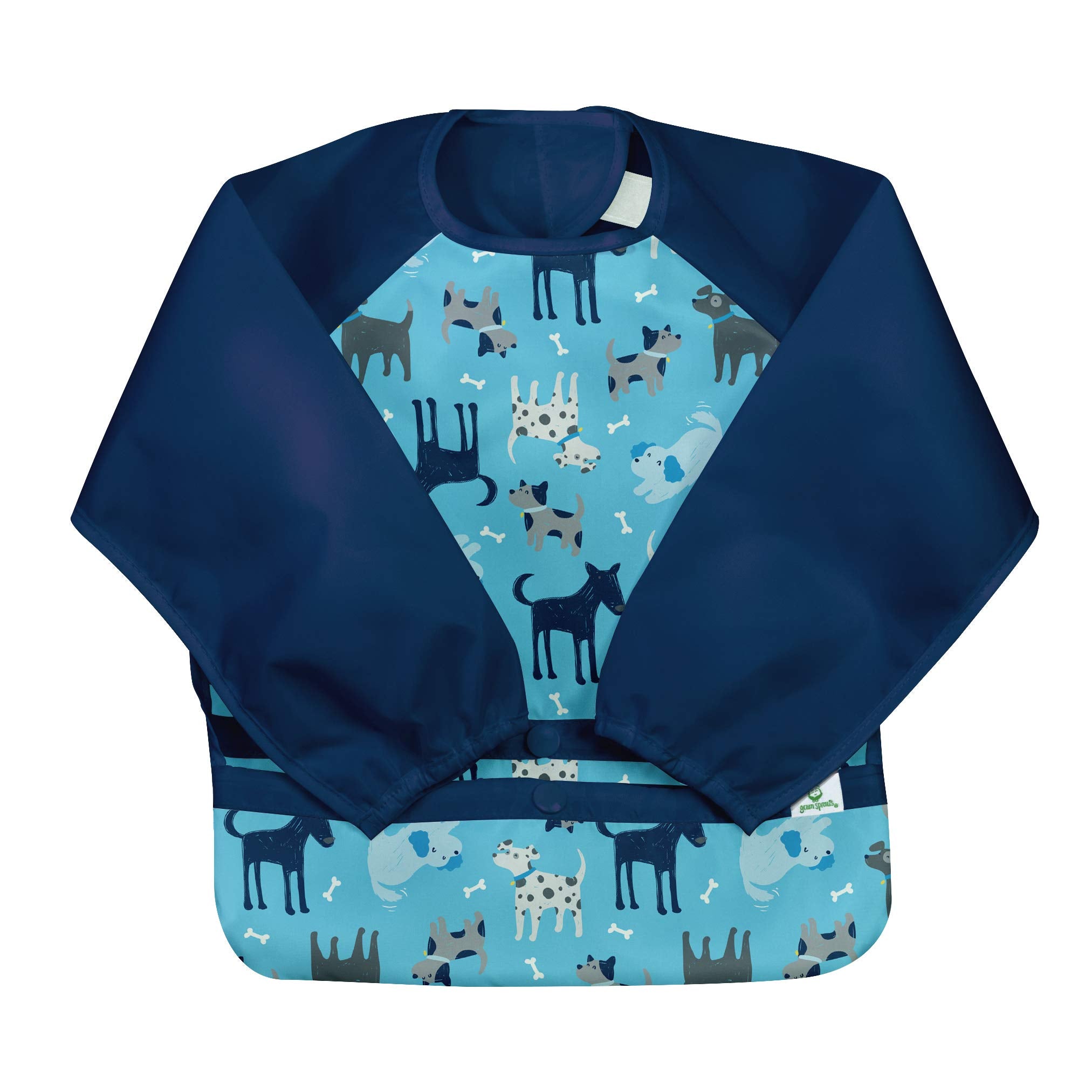 Green Sprouts Easy-Wear Long Sleeve Bib highlights flipped pocket for catching crumbs during meals.