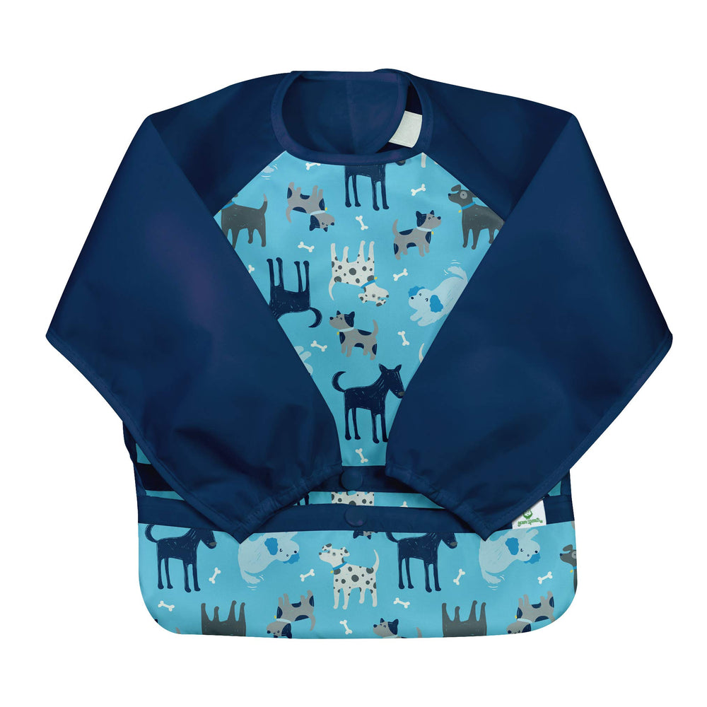 Green Sprouts Easy-Wear Long Sleeve Bib highlights flipped pocket for catching crumbs during meals.