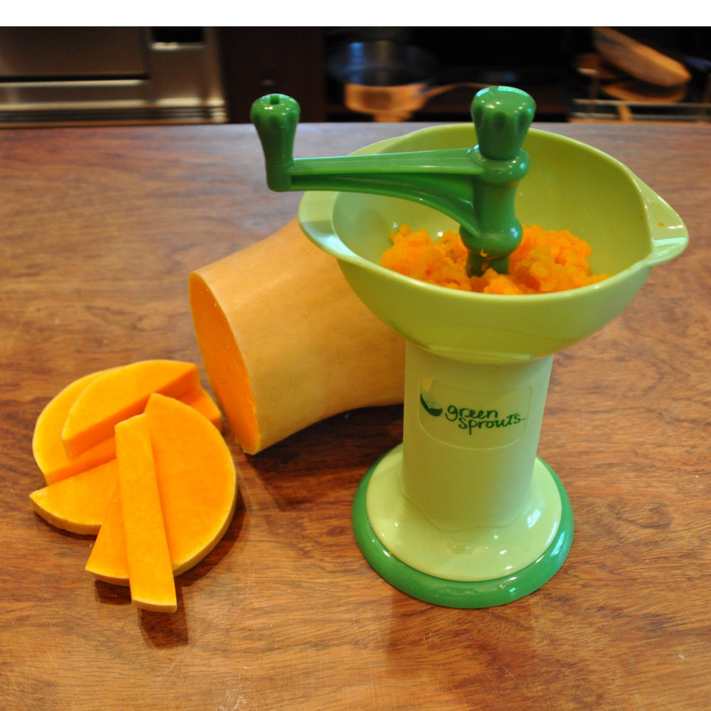 Green Sprouts Fresh Baby Food Mill compact size with built-in serving bowl.