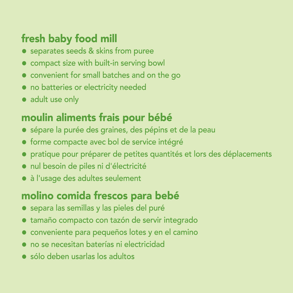 Green Sprouts Fresh Baby Food Mill manual operation requires no electricity.