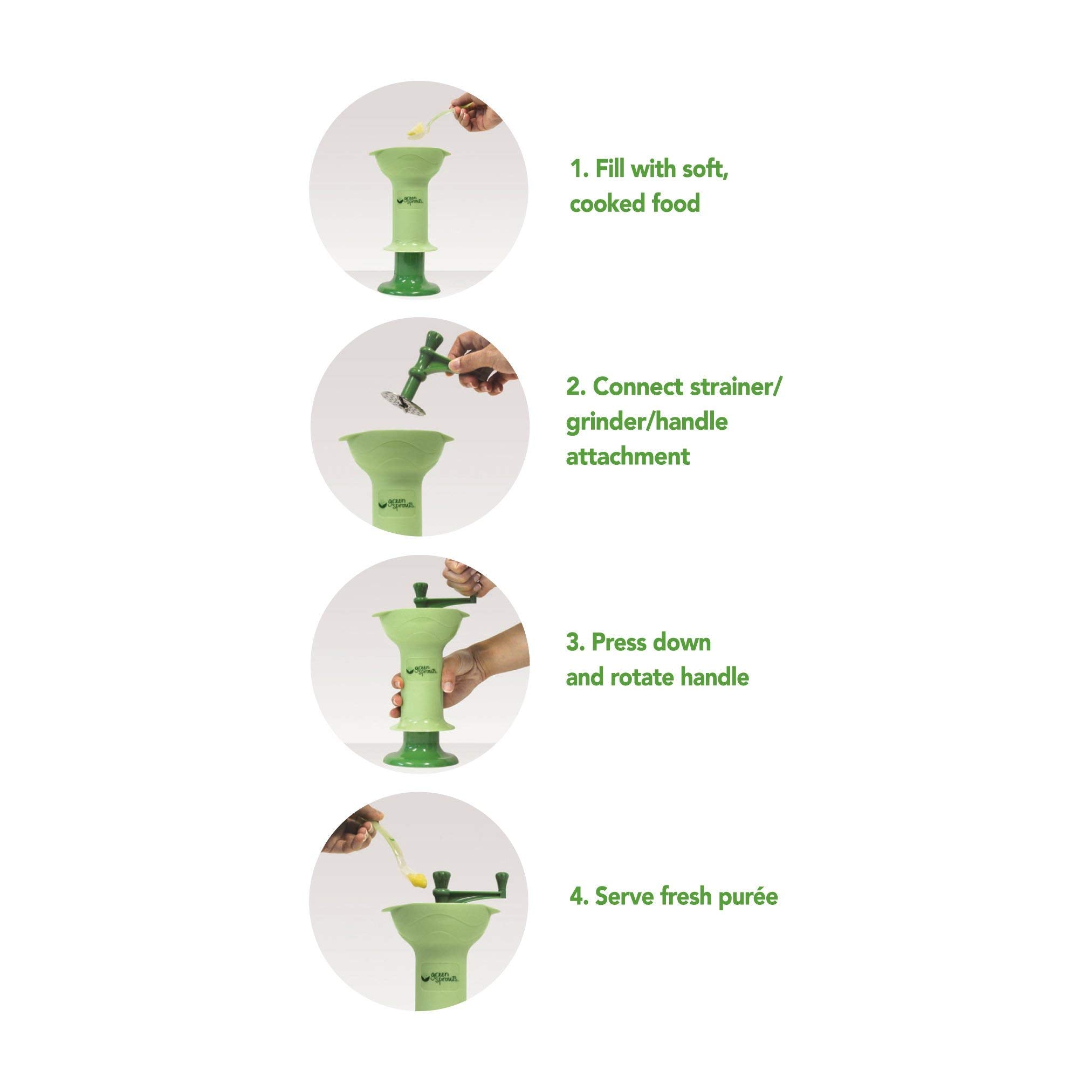 Green Sprouts Fresh Baby Food Mill stainless-steel strainer traps seeds and skins.