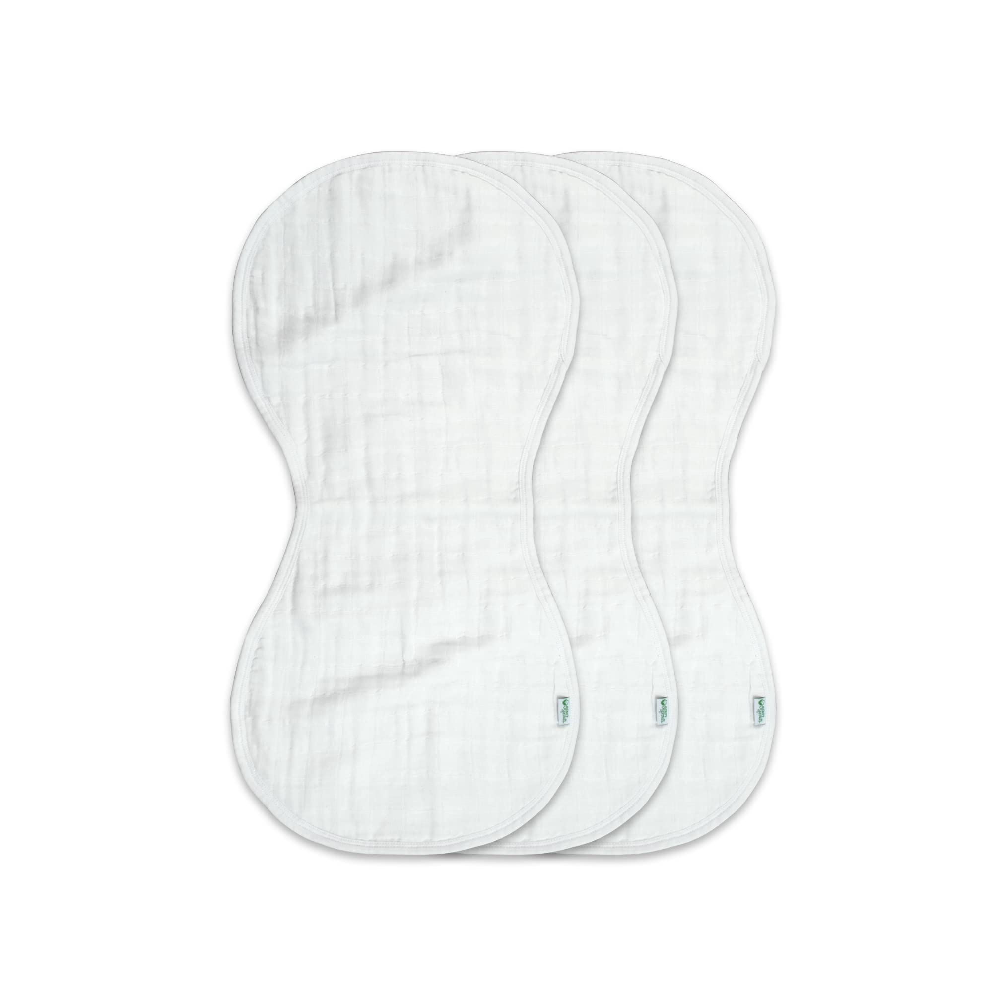 Green Sprouts muslin burp cloths flat lay showing four-layer absorbency for drips