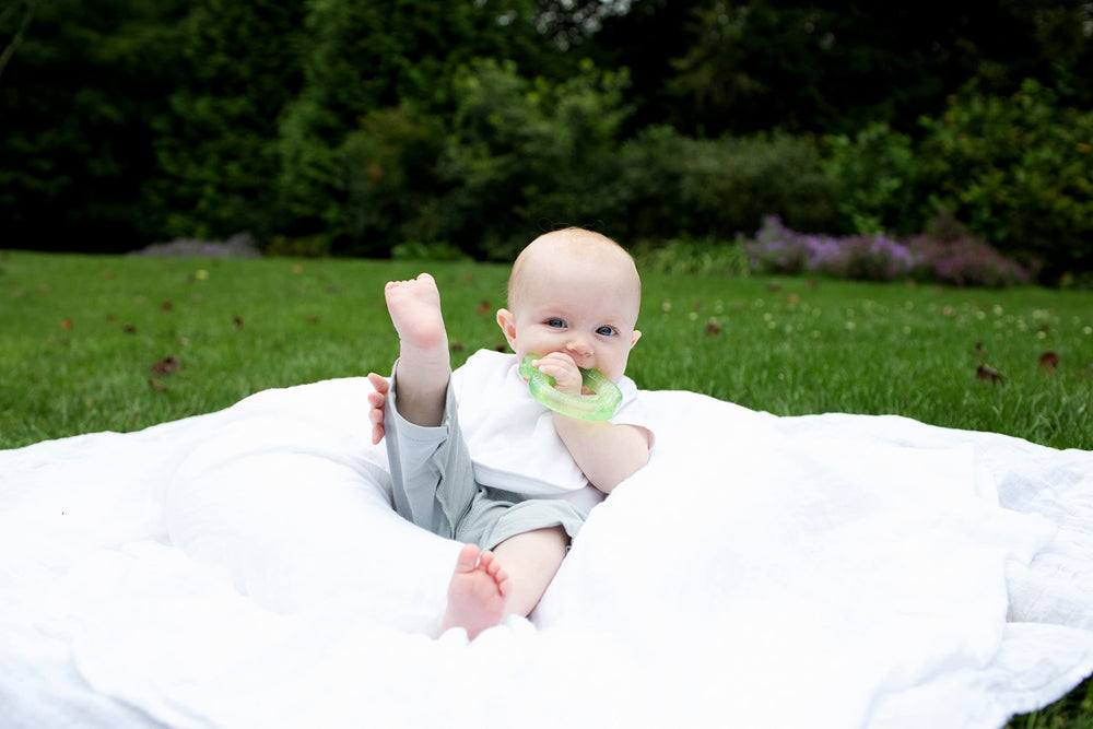Green Sprouts Stay-Dry bibs front-length view shows precise size at 6.375 x 8.5 inches.