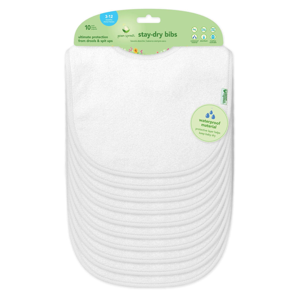 Green Sprouts Stay-Dry bibs pack front shows ten white bibs for daily spill protection.