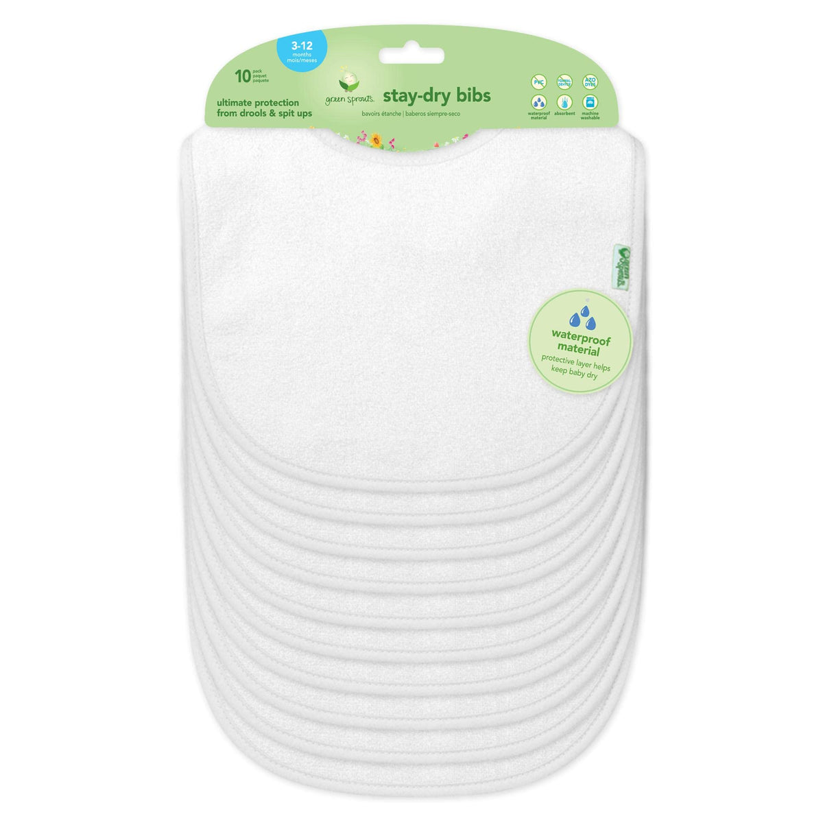 Green Sprouts Stay-Dry bibs pack front shows ten white bibs for daily spill protection.