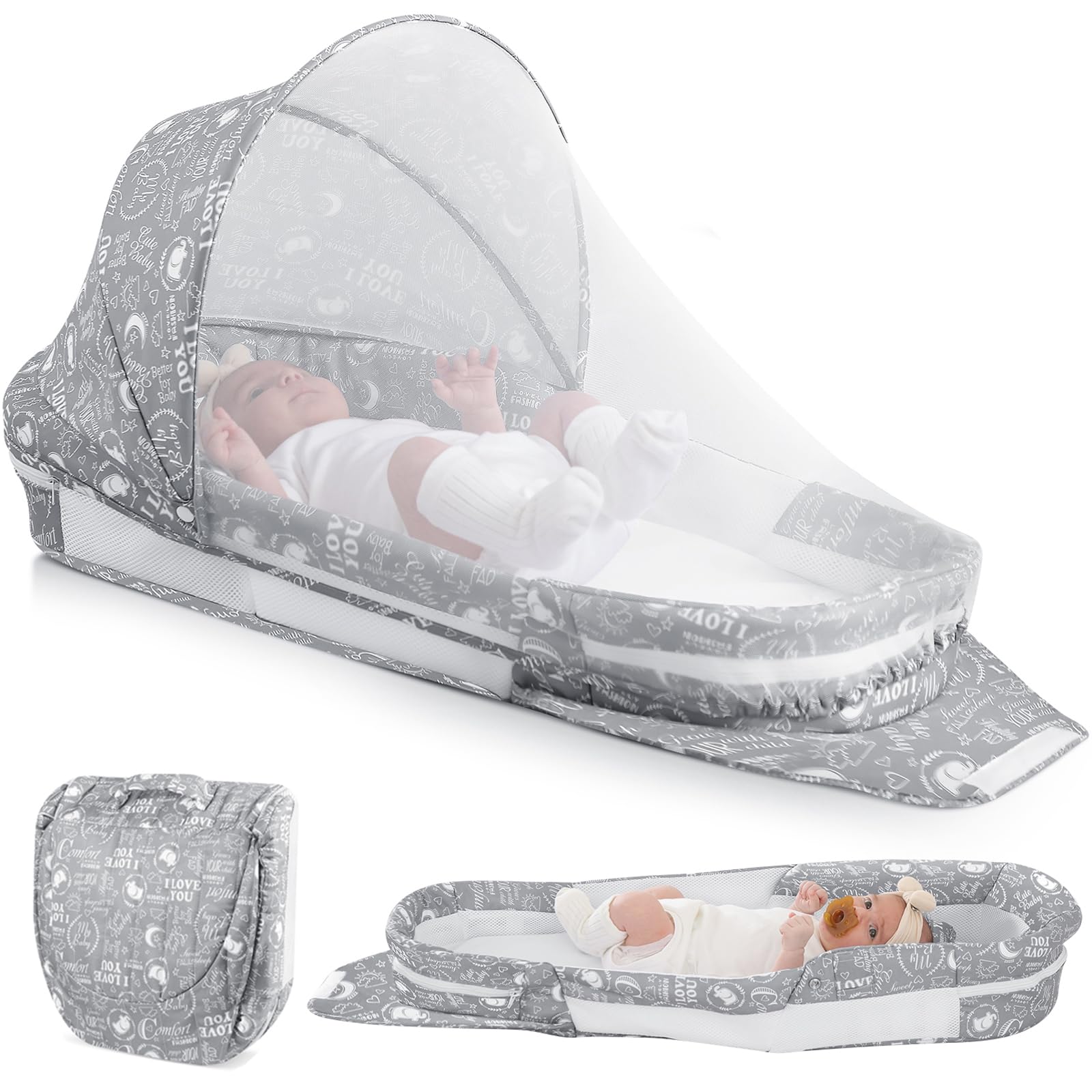 Greenecocs portable baby lounger folded for easy carry and diaper-bag storage.
