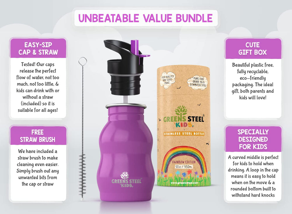 Greens Steel ergonomic bottle, comfortable grip for small hands during meals and play.