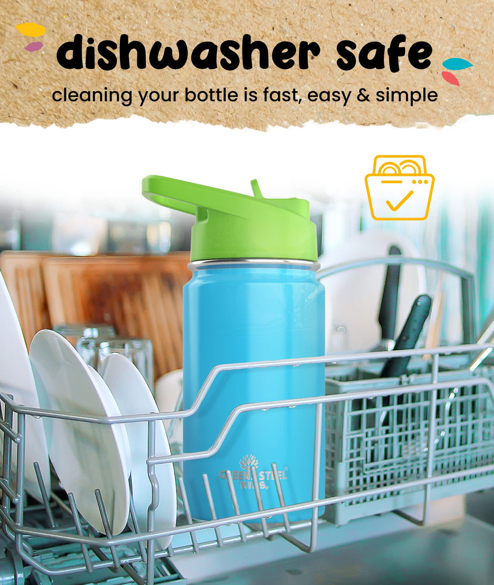 Greens Steel Kids Water Bottle blue dishwasher-safe top rack indicates easy cleaning routine