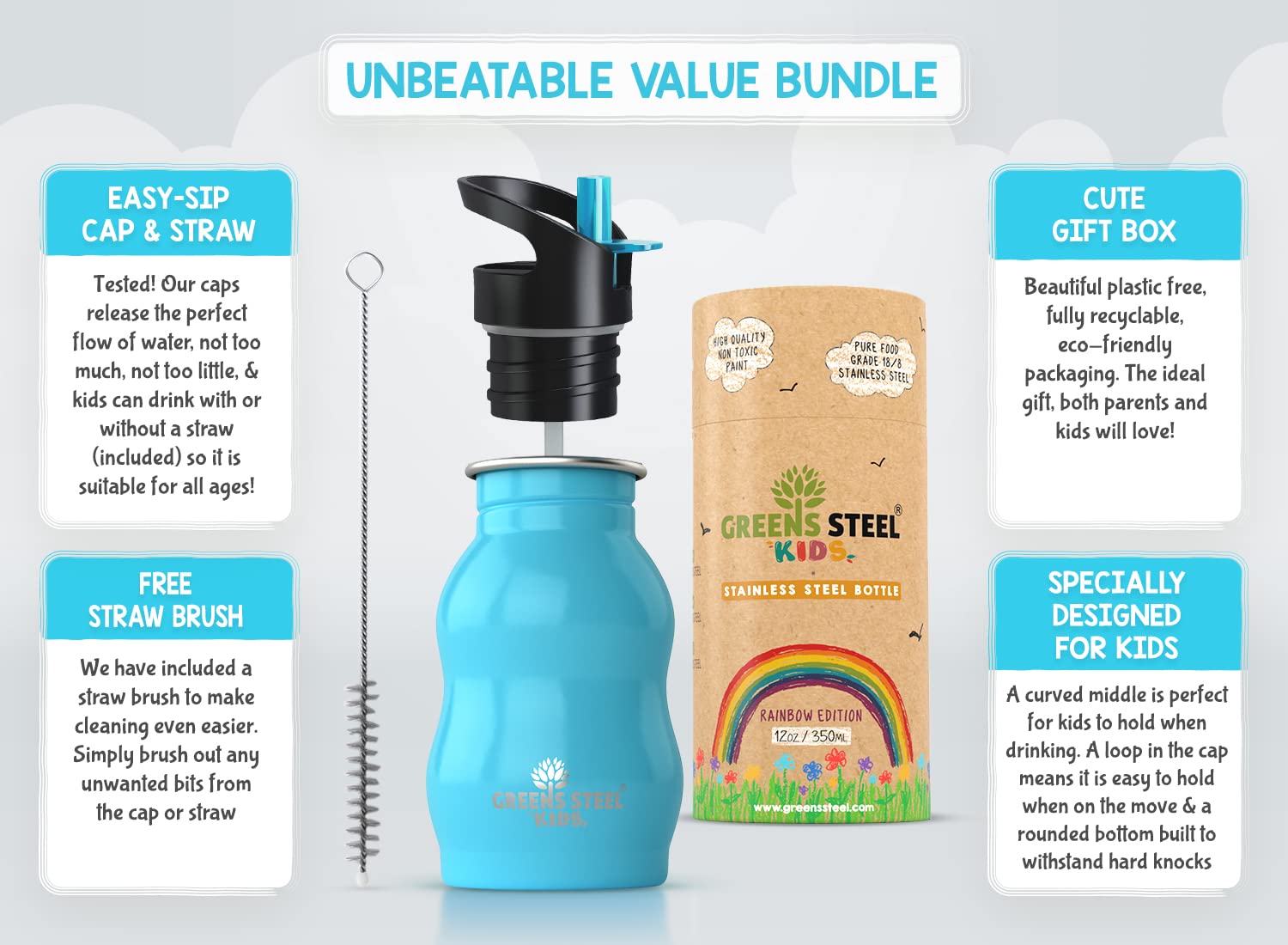 Greens Steel Kids Water Bottle blue powder-coated finish resists scratches for daily use.