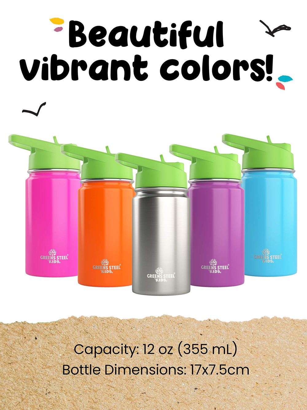 Greens Steel Kids Water Bottle blue easy-sip straw enables kid-friendly drinking