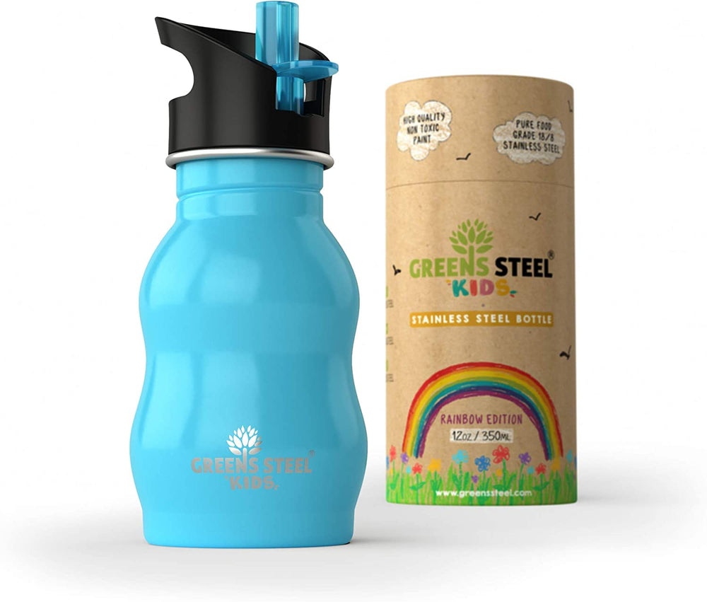Greens Steel Kids Water Bottle blue ergonomic grip for secure holding during playtime.
