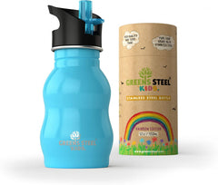 Greens Steel Kids Water Bottle blue ergonomic grip for secure holding during playtime.