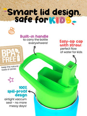 Greens Steel Kids Water Bottle blue handle and cap demonstrates easy carry for kids