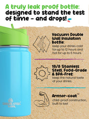 Greens Steel Kids Water Bottle blue lid closeup highlights airtight cap for mess-free sipping