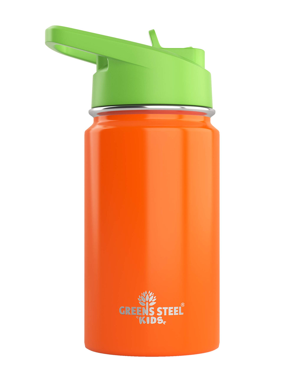 Greens Steel Kids Water Bottle orange front view showing leak-proof double-wall design