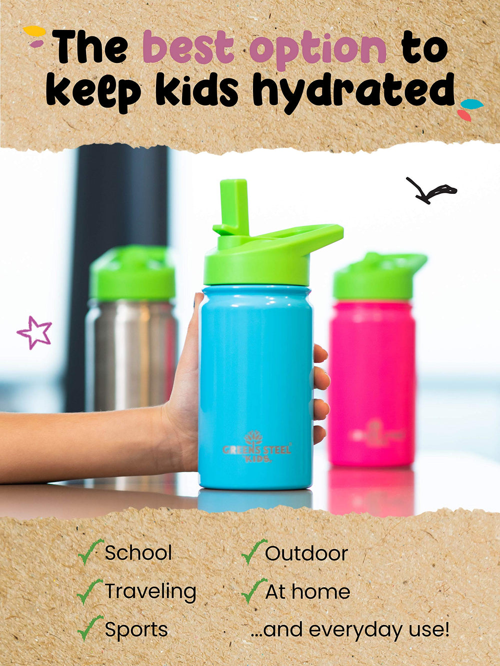 Greens Steel Kids Water Bottle orange with built-in handle for on-the-go use