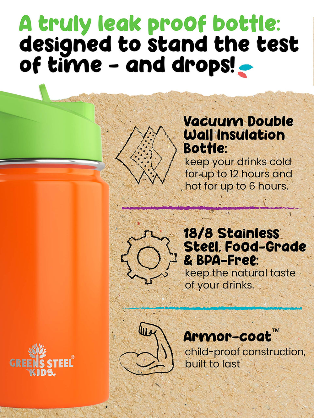 Greens Steel Kids Water Bottle orange side view with straw for easy sipping
