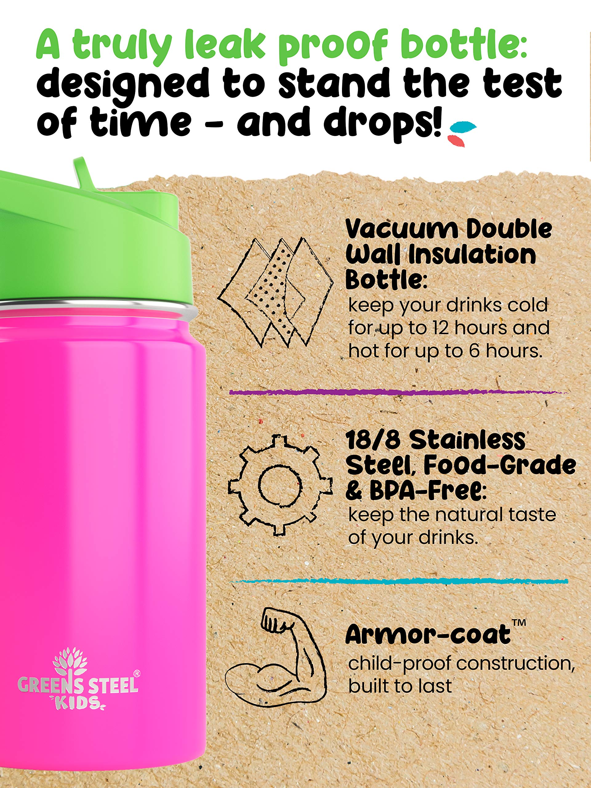 Greens Steel pink straw-cap bottle shows built-in straw for easy sipping