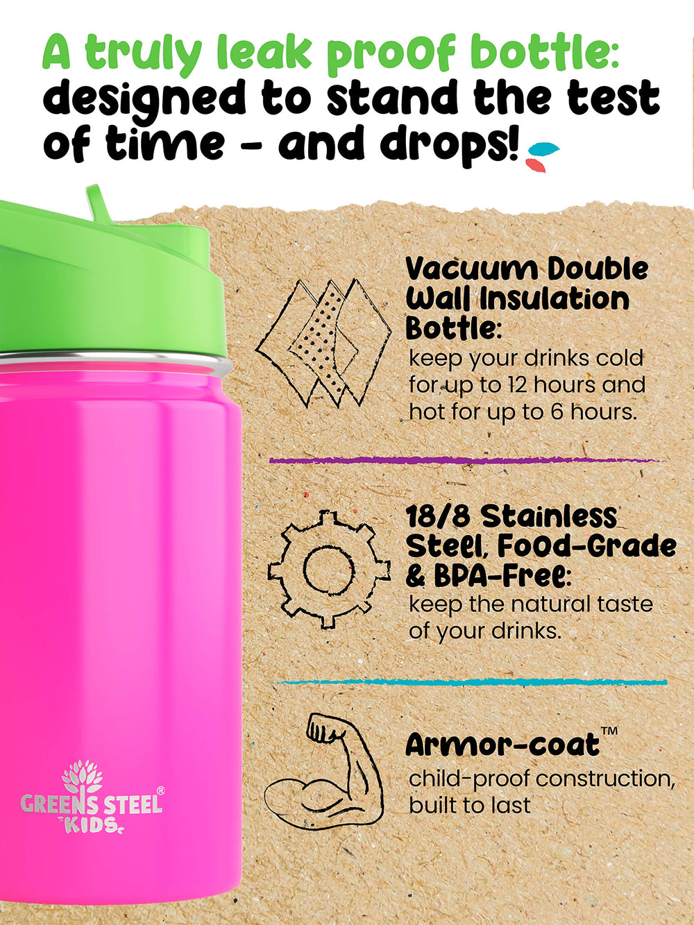 Greens Steel pink straw-cap bottle shows built-in straw for easy sipping