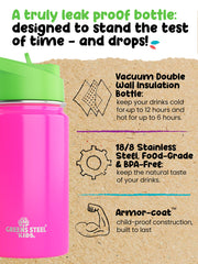 Greens Steel pink straw-cap bottle shows built-in straw for easy sipping
