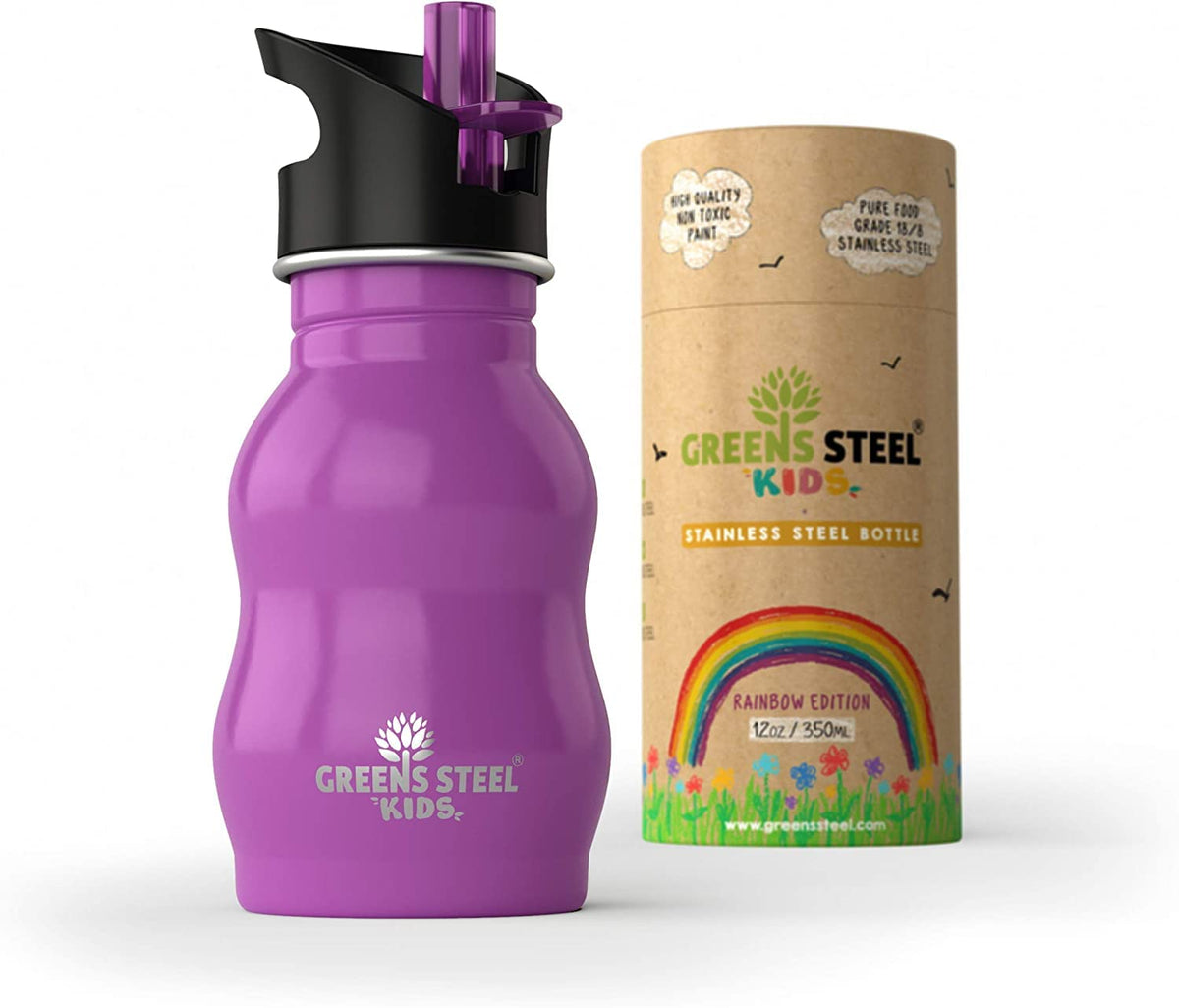 Greens Steel kids bottle with purple cap, kid-friendly design for on-the-go hydration.