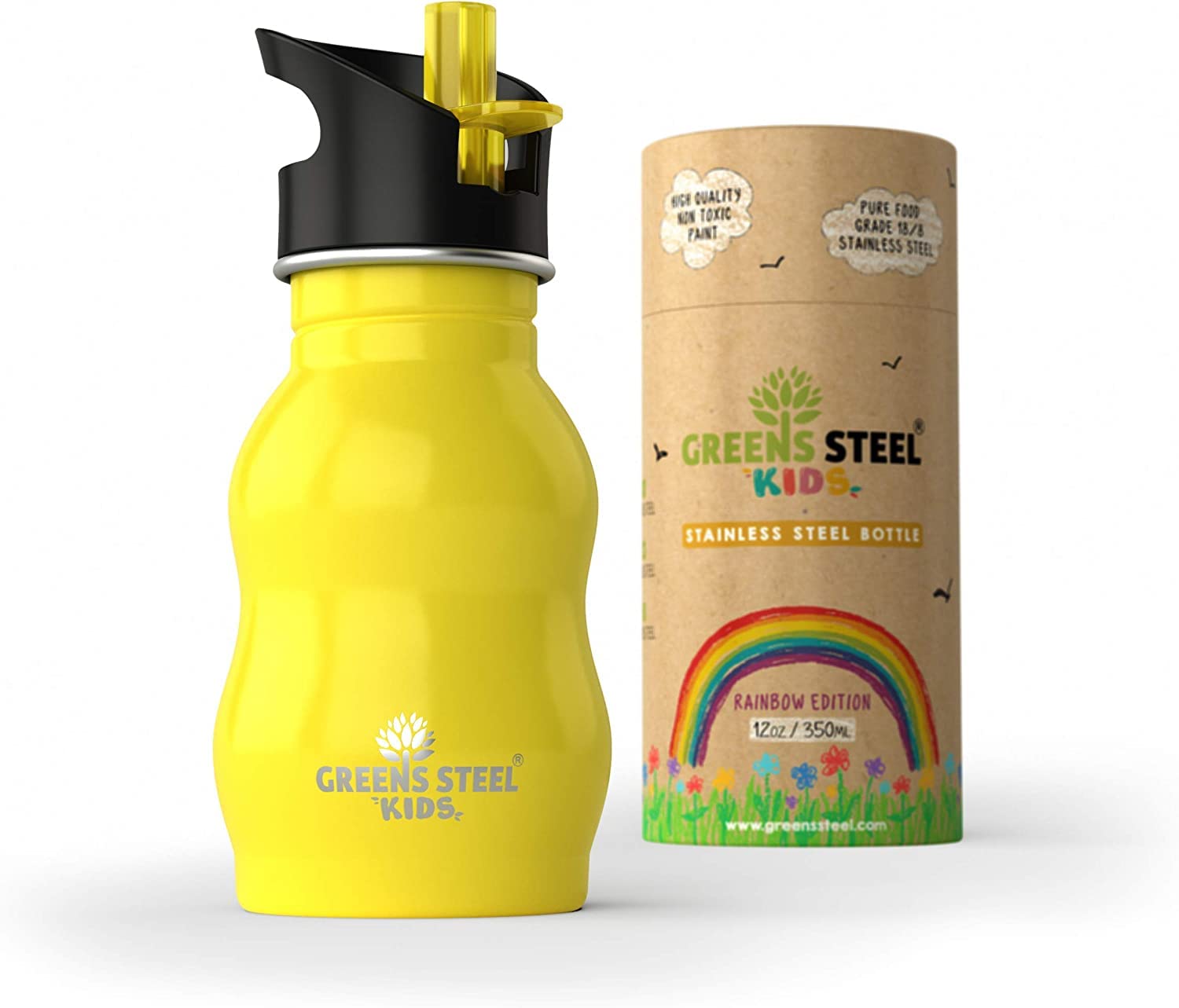 Greens Steel Kids Water Bottle yellow front closeup highlights durable stainless steel for everyday school use