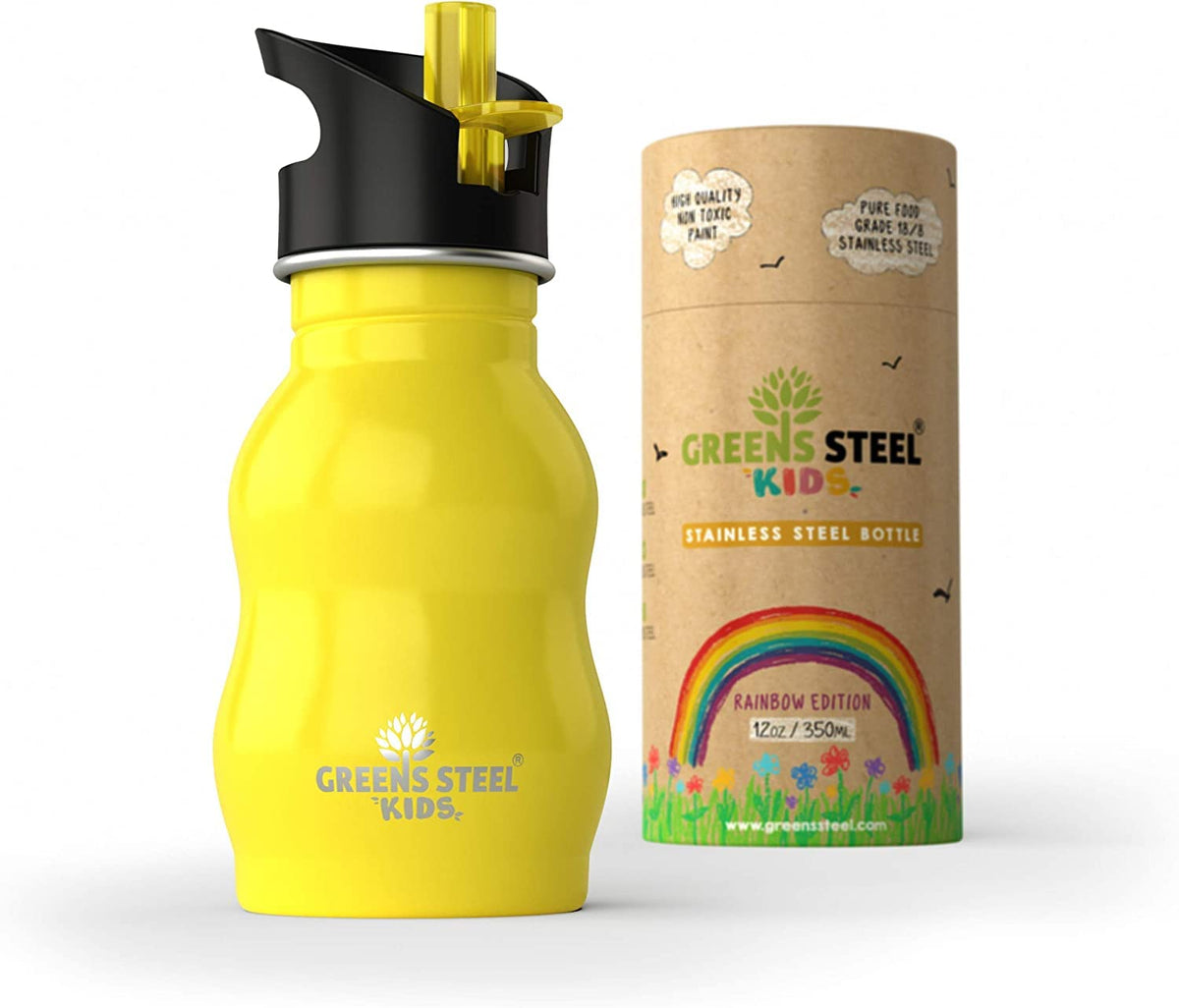 Greens Steel Kids Water Bottle yellow front closeup highlights durable stainless steel for everyday school use
