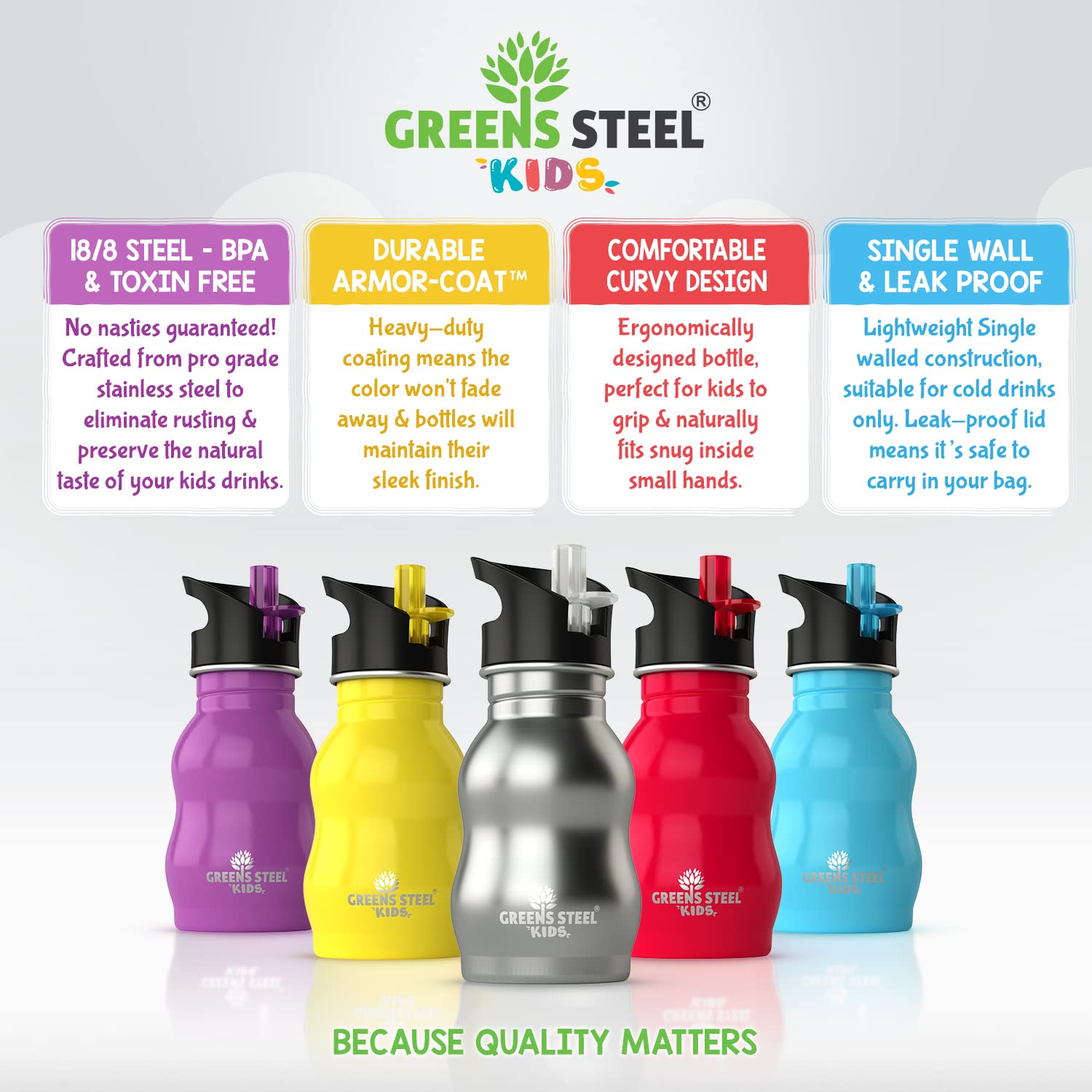 Greens Steel Kids Water Bottle yellow with handle shows easy carrying for little hands