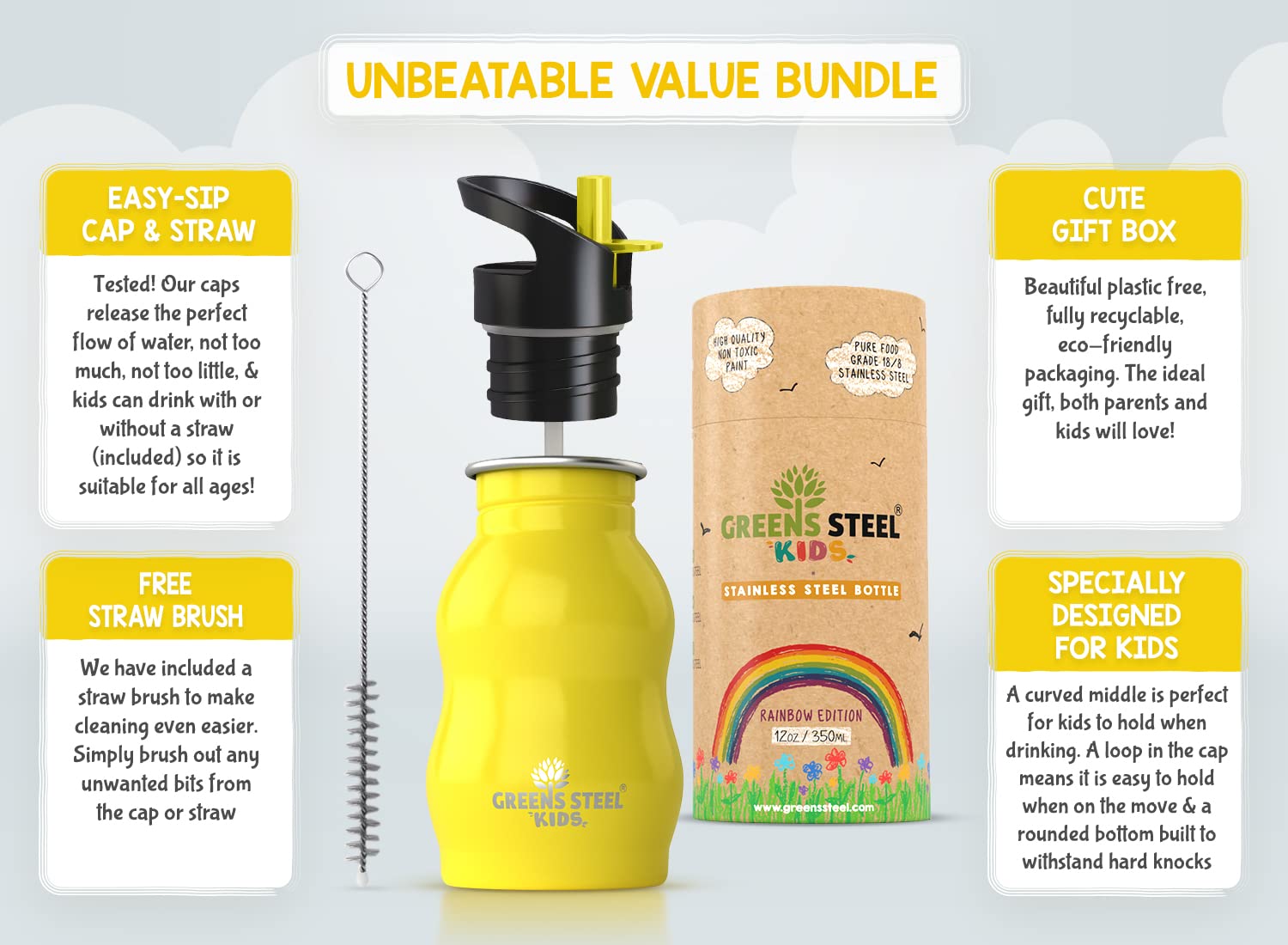 Greens Steel Kids Water Bottle yellow straw in action highlights easy sip for toddlers