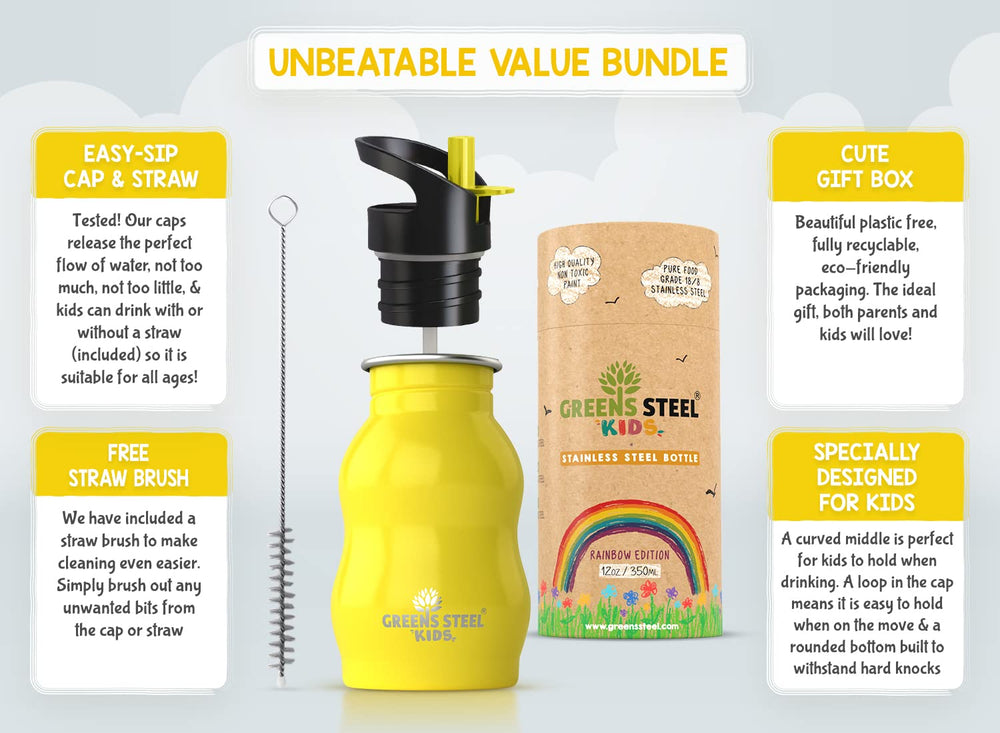 Greens Steel Kids Water Bottle yellow straw in action highlights easy sip for toddlers
