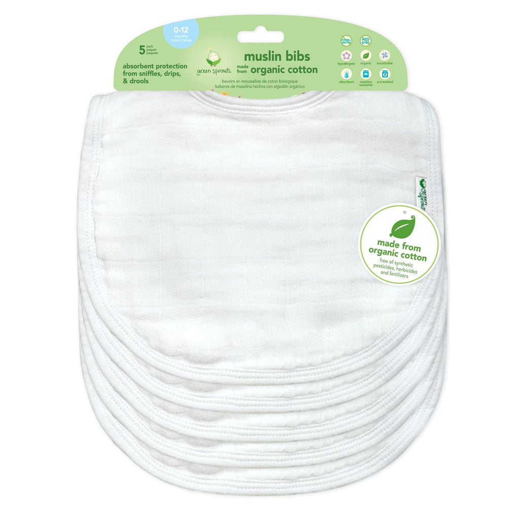 Green Sprouts Muslin Bibs close-up shows four absorbent layers for drool and spills.