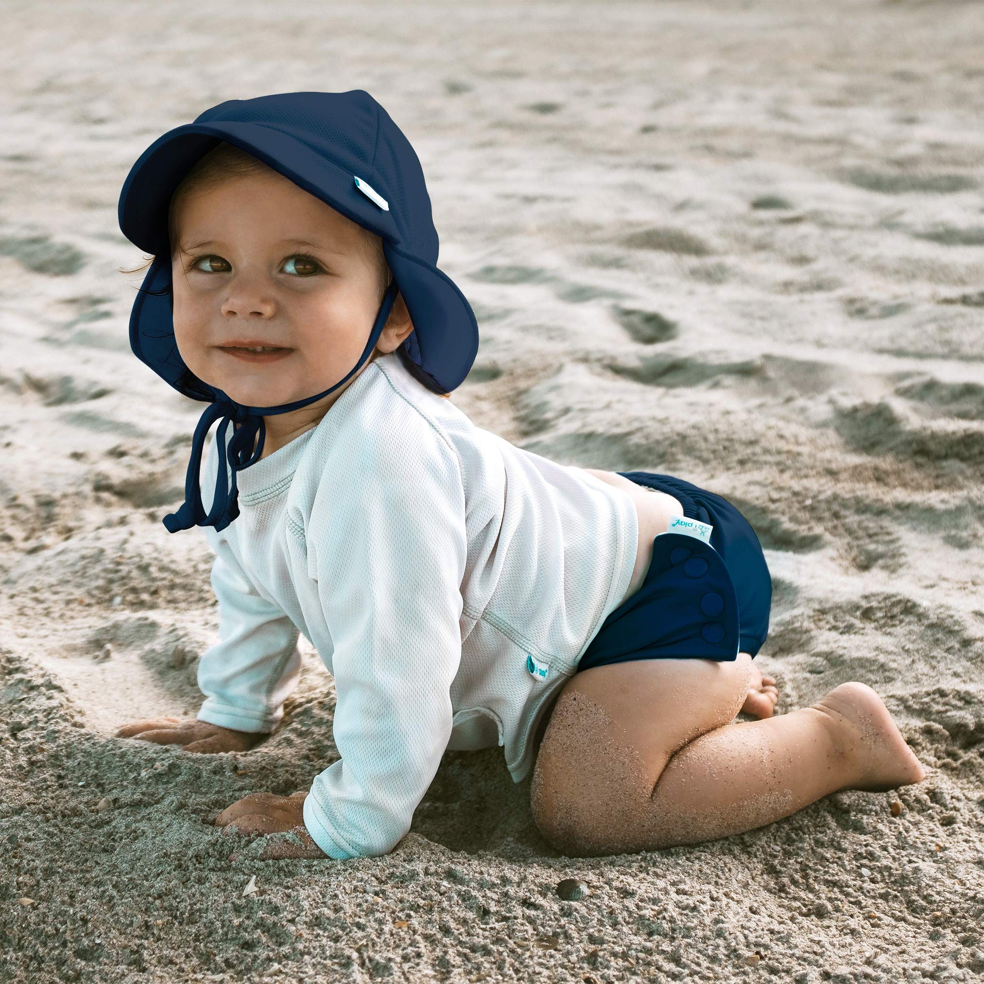 Green Sprouts reusable snap swim diaper navy solid 3T side view shows secure waist and leak protection
