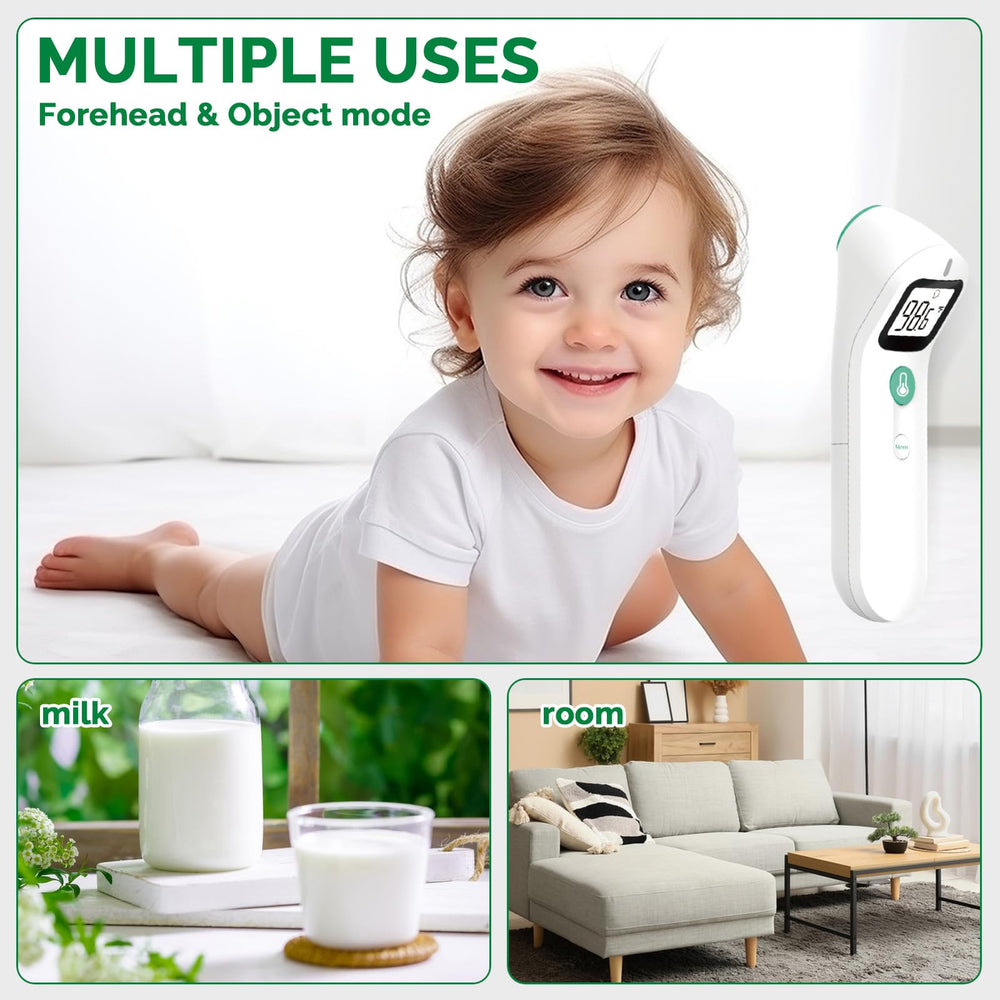 Greetmed no-touch-forehead-thermometer-in-use demonstrates non-contact measurements for hygiene.