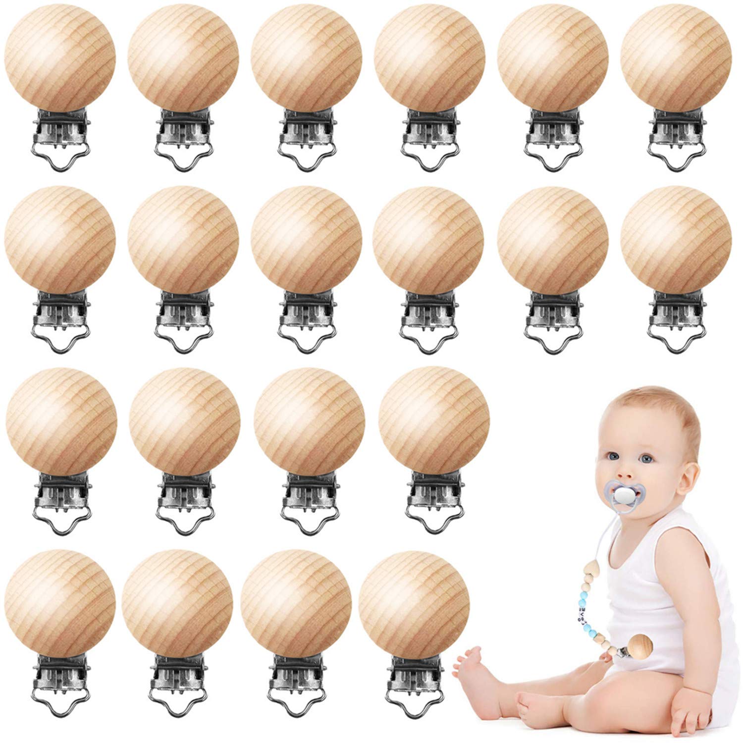 Greneric beech wood pacifier clip close-up shows natural grain and sturdy hardware.