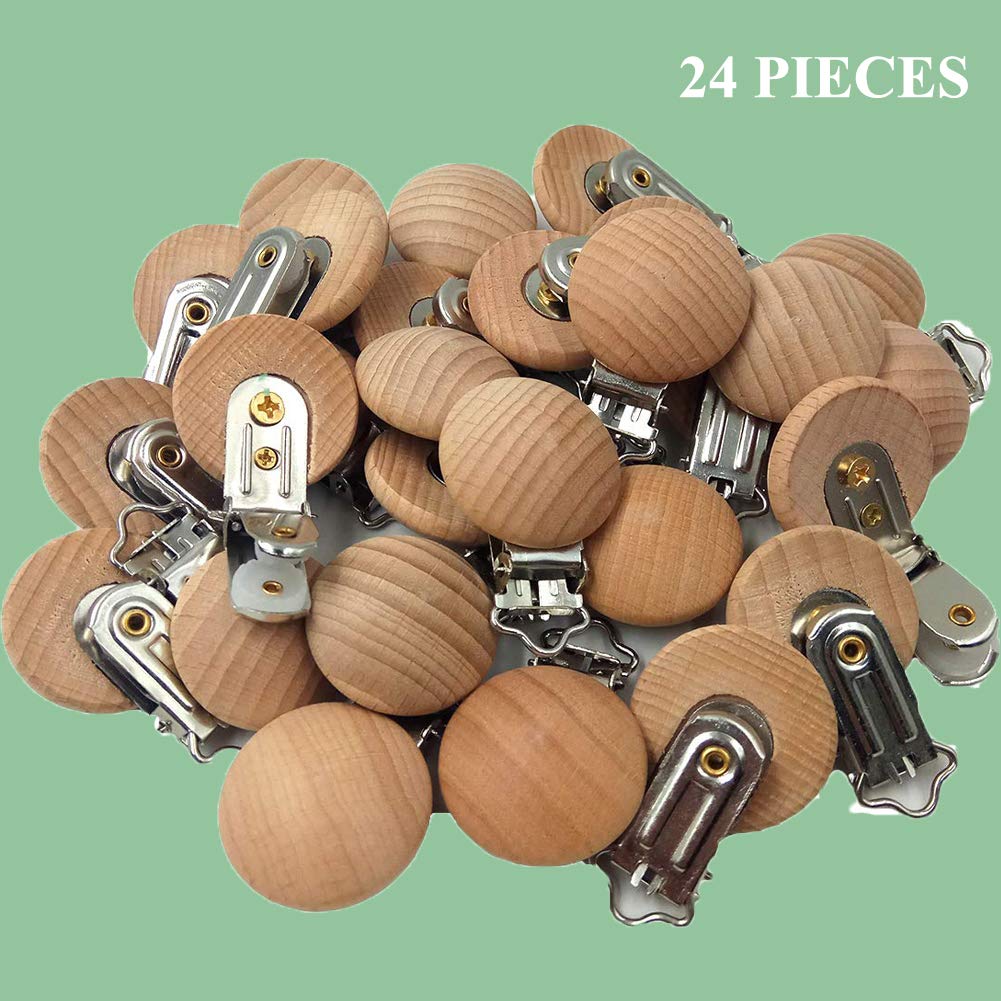 Greneric wood pacifier clip secures pacifier to blanket or toy for tidy outings.
