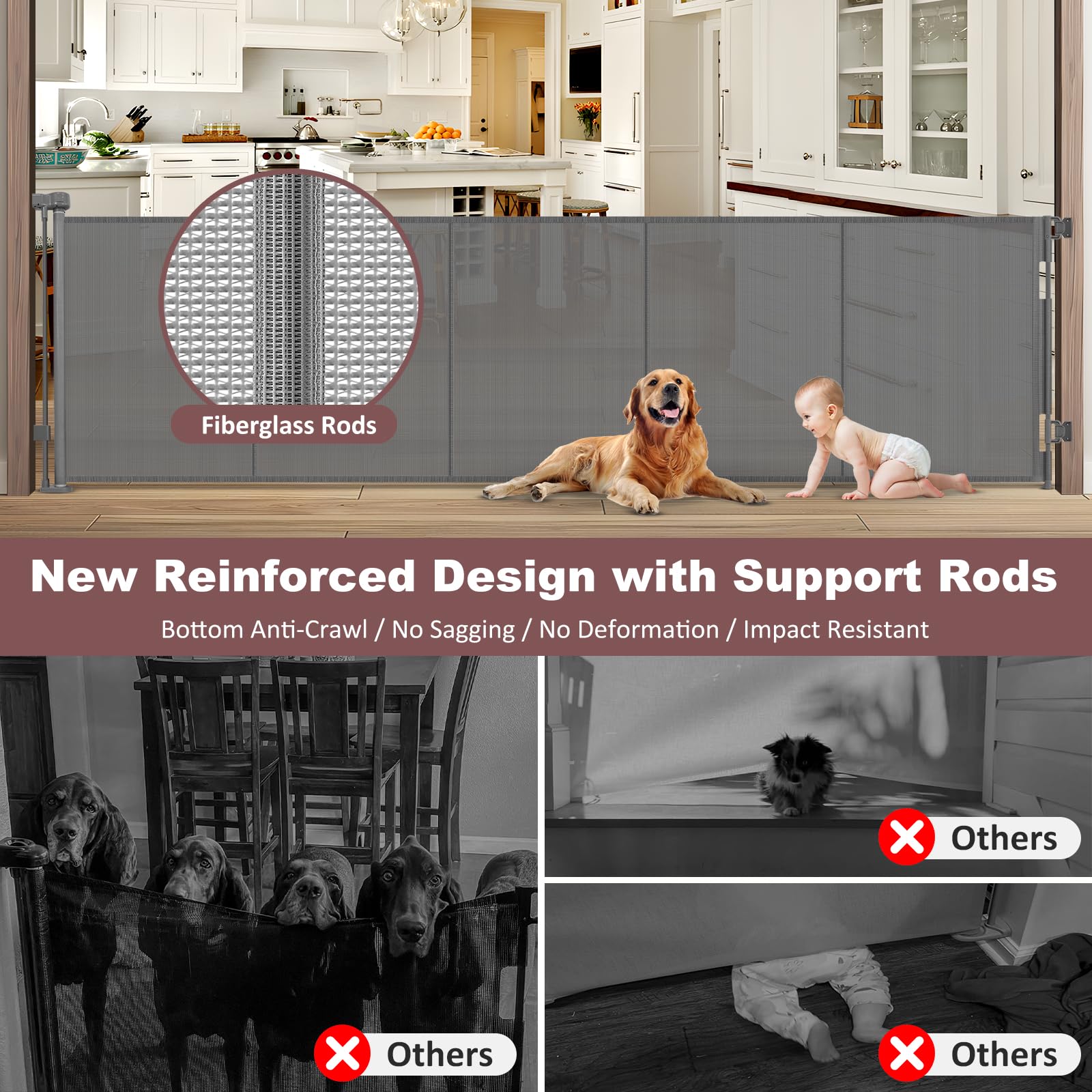 GRENFU 120-inch wide retractable gate extended across wide doorway for large openings