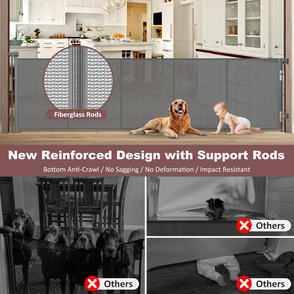GRENFU 120-inch wide retractable gate extended across wide doorway for large openings