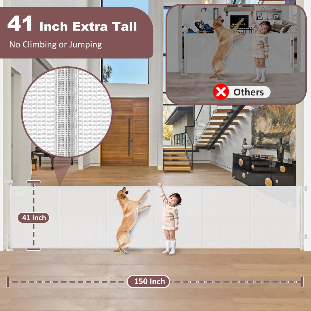 GRENFU baby-pet gate with support rods open reveals sturdy mesh and easy monitoring.