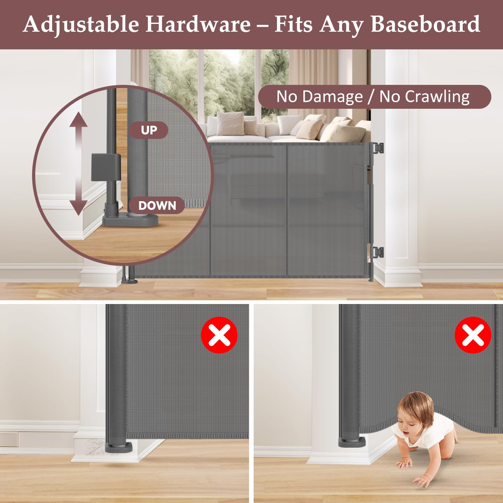GRENFU baseboard adjustable bracket fits over baseboards without damage.