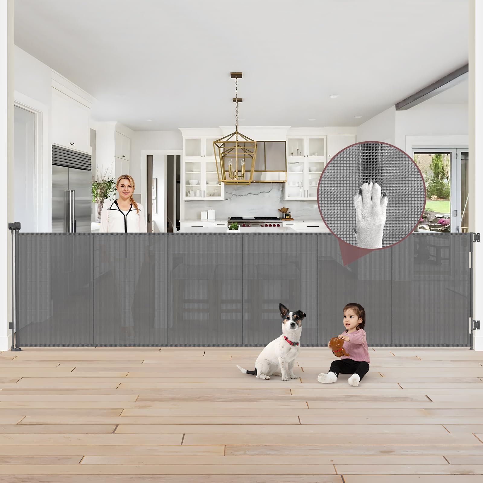 GRENFU reinforced 41-inch gate closed, securing stairs and doorways with tall, reliable barrier.
