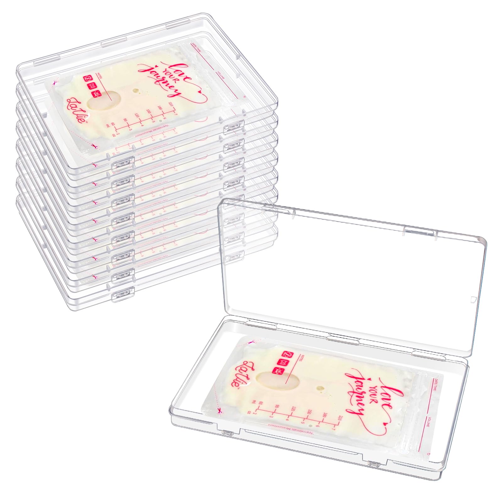 GRETJOB 8-pack clear flat breastmilk trays show slim stackable design for organized freezer storage.