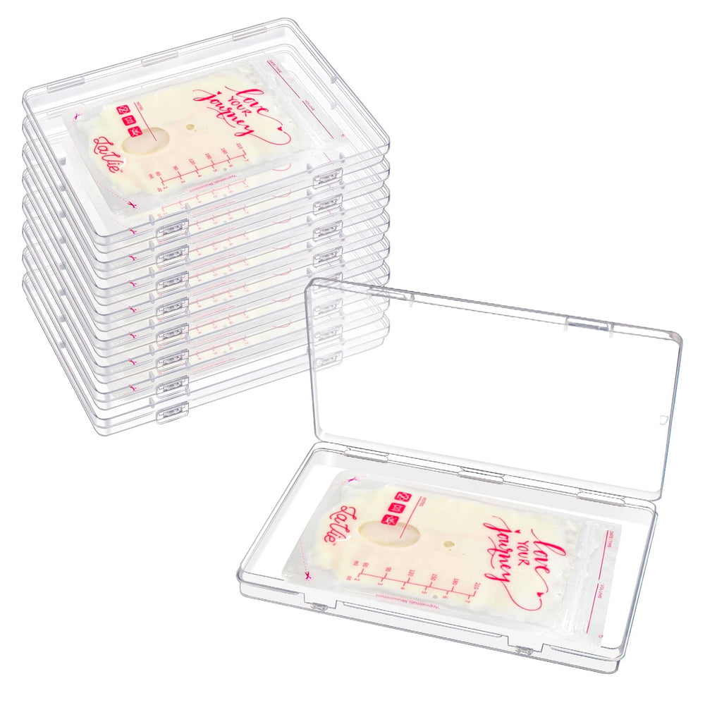 GRETJOB 8-pack clear flat breastmilk trays show slim stackable design for organized freezer storage.