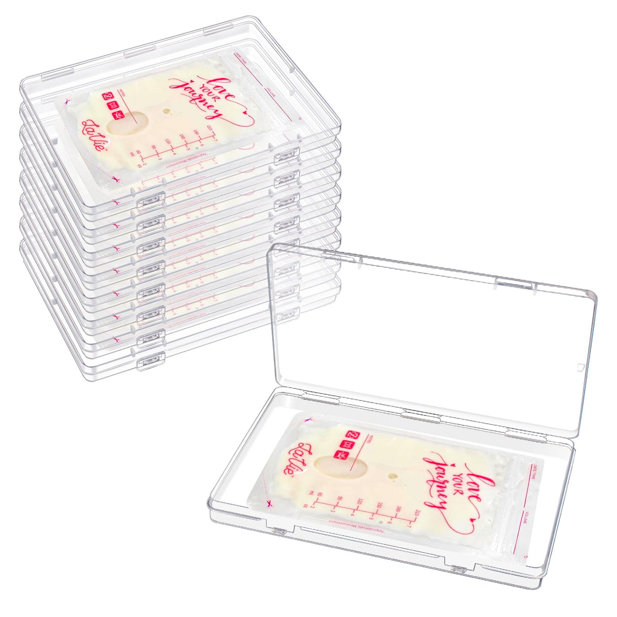 GRETJOB 8-pack clear flat breastmilk trays show slim stackable design for organized freezer storage.