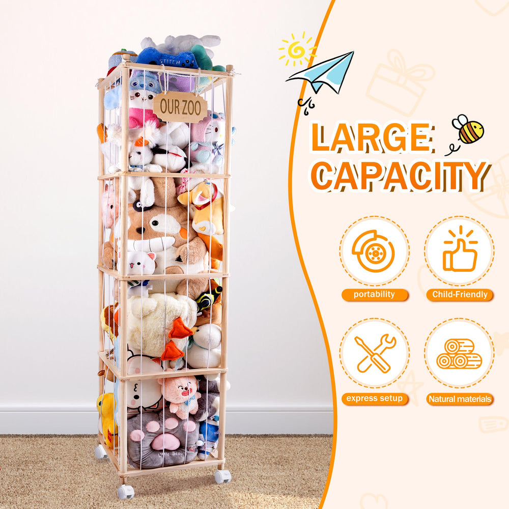 GRETJOB four-tier wood design supports 220+ plush toys with sturdy elastic walls
