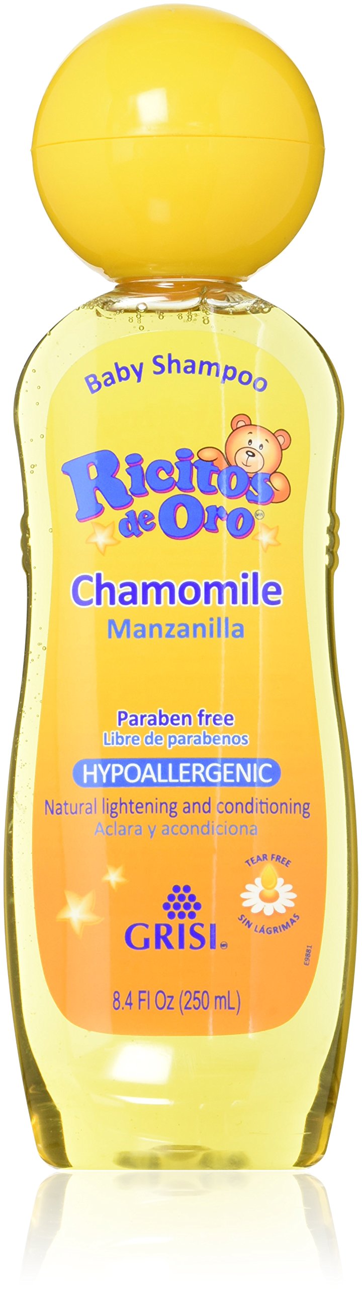 Grisi Ricitos de Oro Baby Shampoo Chamomile bottle top highlights tear-free cleansing.