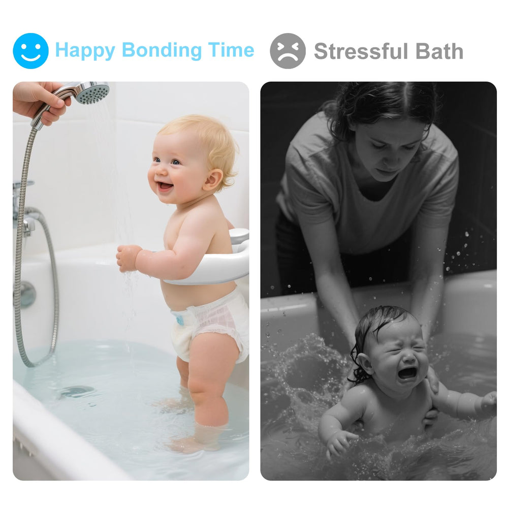 GrnPeak baby shower stand folded-storage shows compact design for easy tub-side storage.