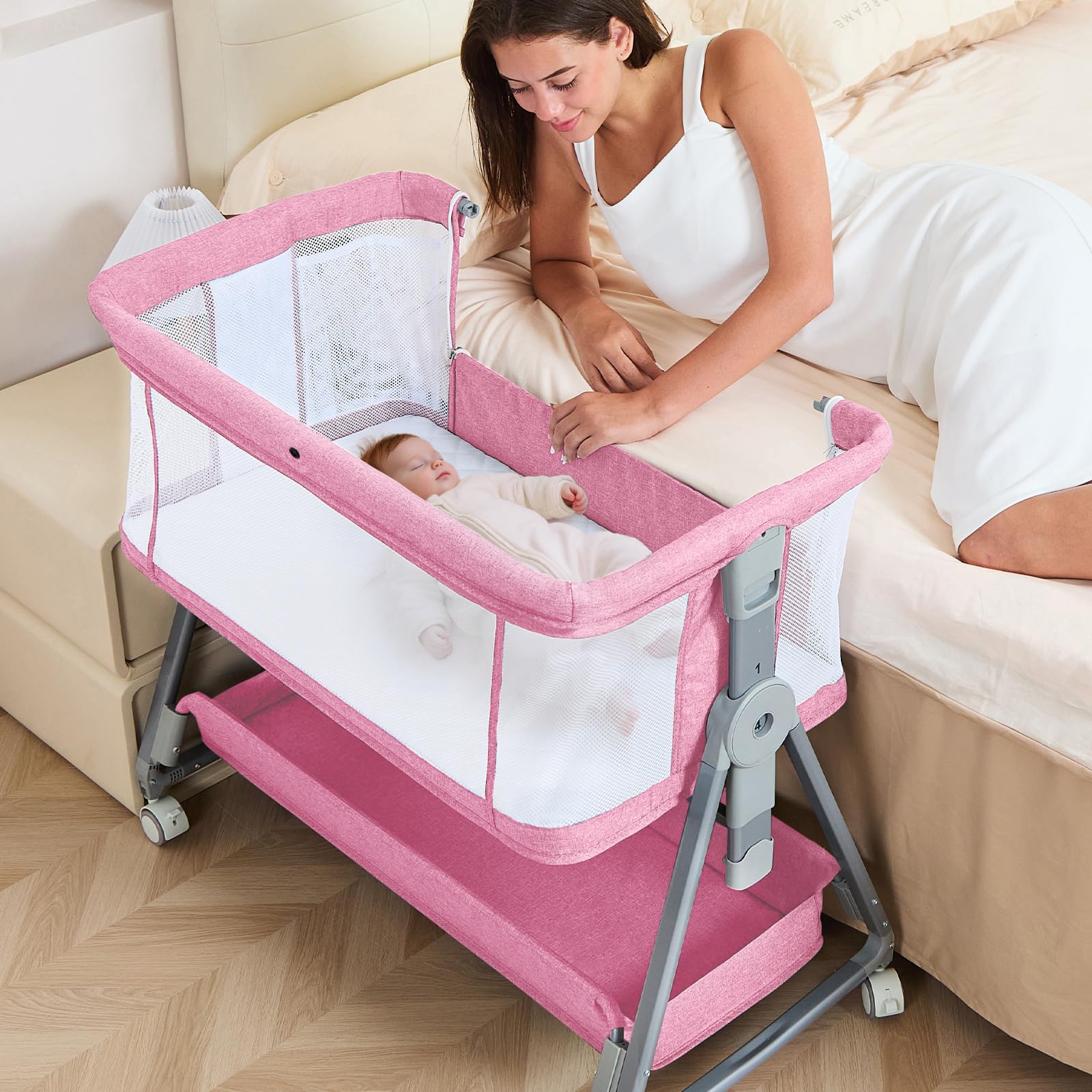 Grobeybees 3-in-1 bassinet bedside sleeper attached for safer close sleep and easy access.