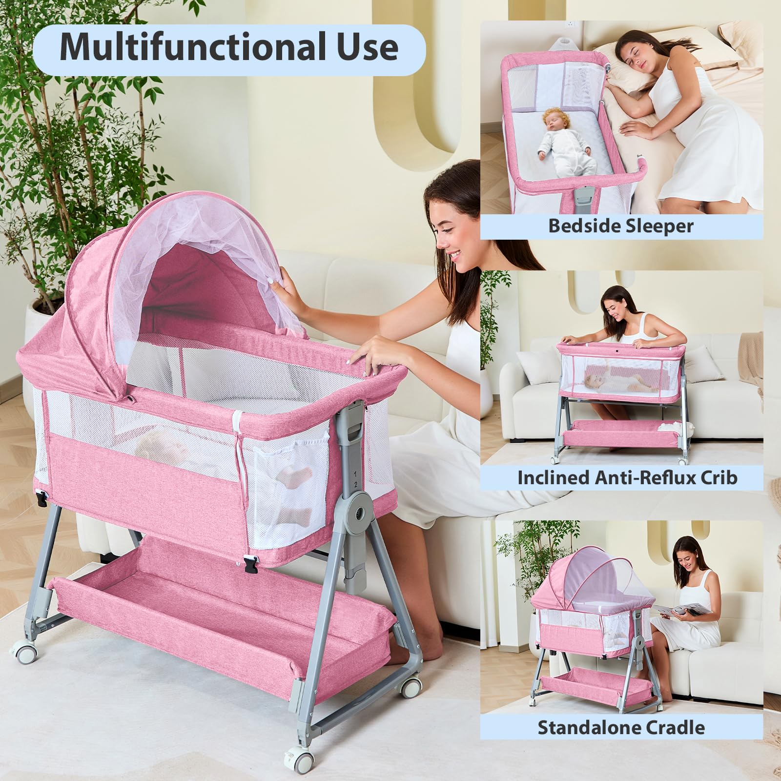 Grobeybees bassinet angle-height adjustable helps tailor height and tilt for comfortable night checks.